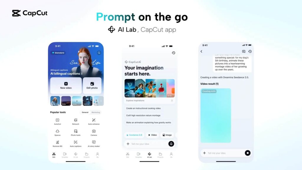 Interface do CapCut com a função AI Video ativada