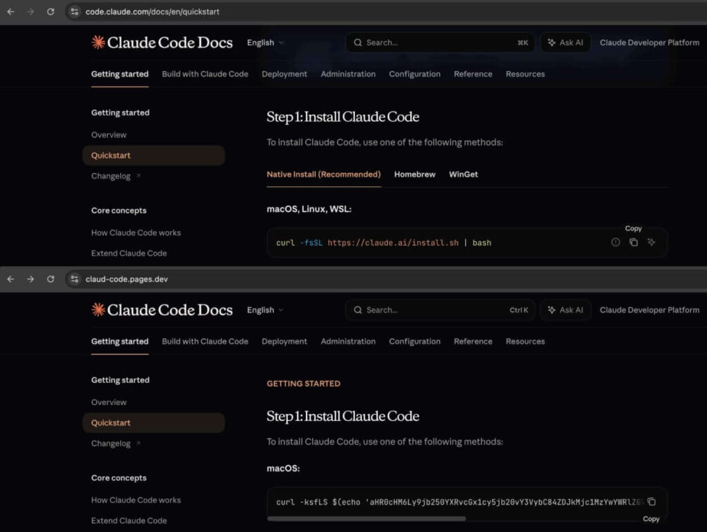Comparativo entre site legítimo e falso do Claude Code