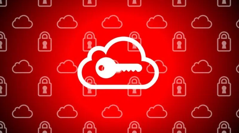 Ilustração com ícone de chave sobre nuvem e fundo de cadeados, representando segurança digital e iCloud.