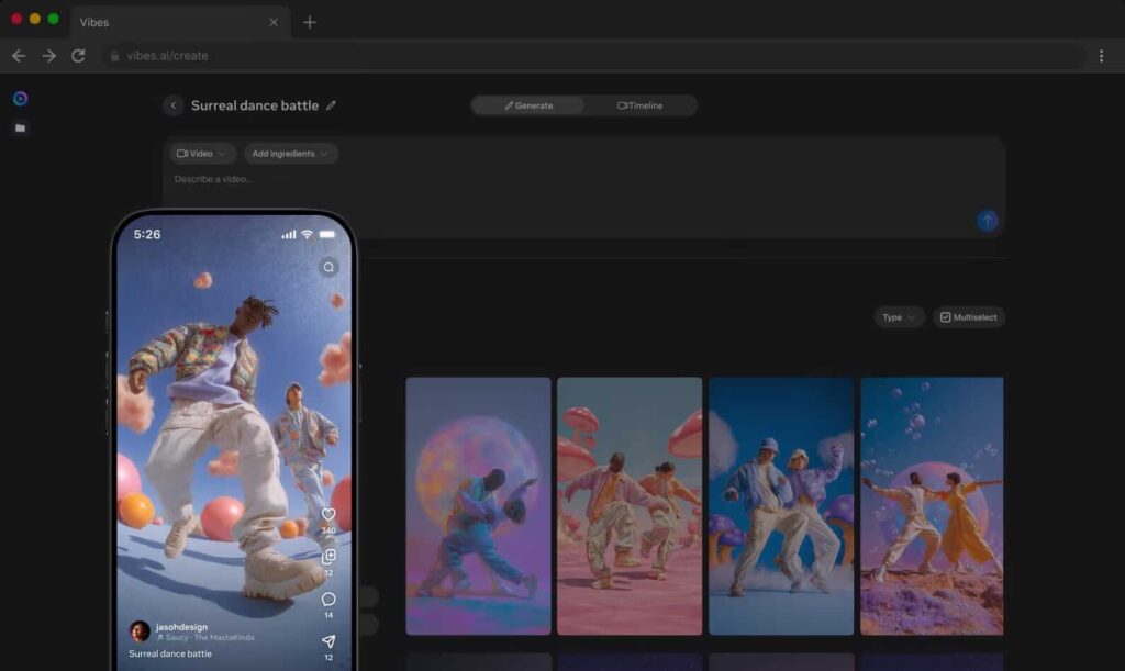 Meta testa Vibes, novo estúdio de vídeo com IA 6 Imagem de apresentação do Vibes em navegador desktop