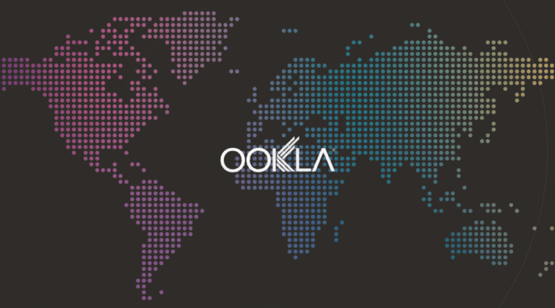 Logo da Ookla sobre mapa-múndi, simbolizando a operação global da empresa