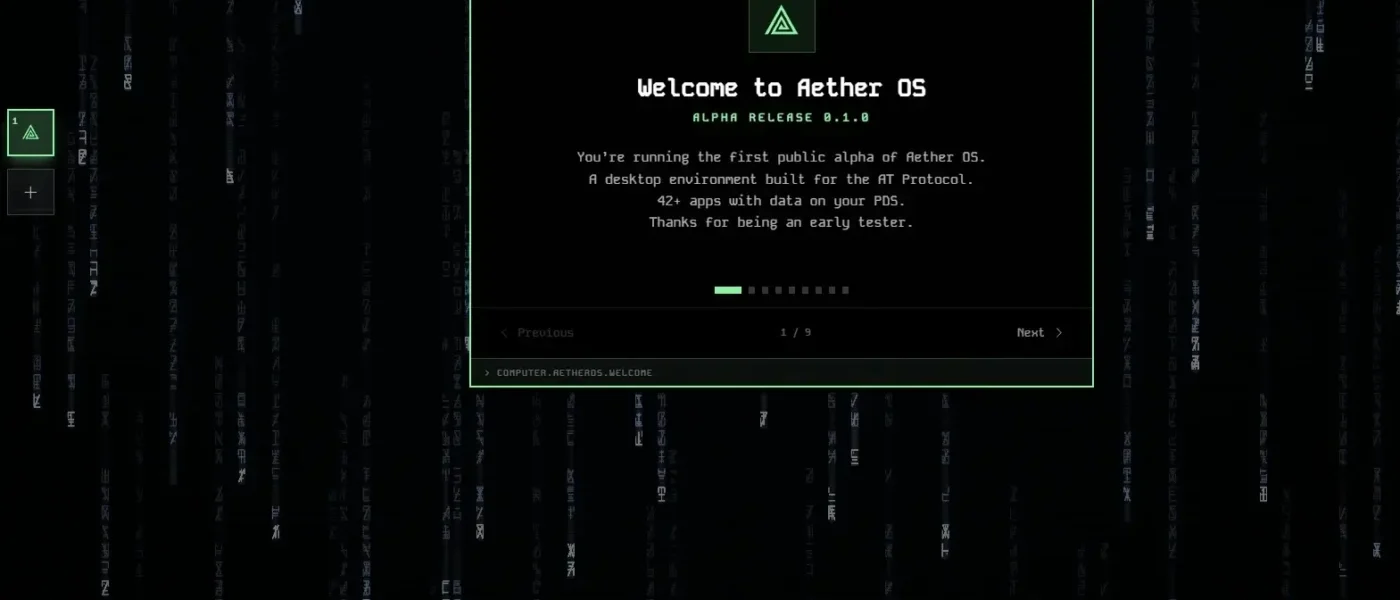 Interface do Aether OS rodando em um navegador com design cyberpunk