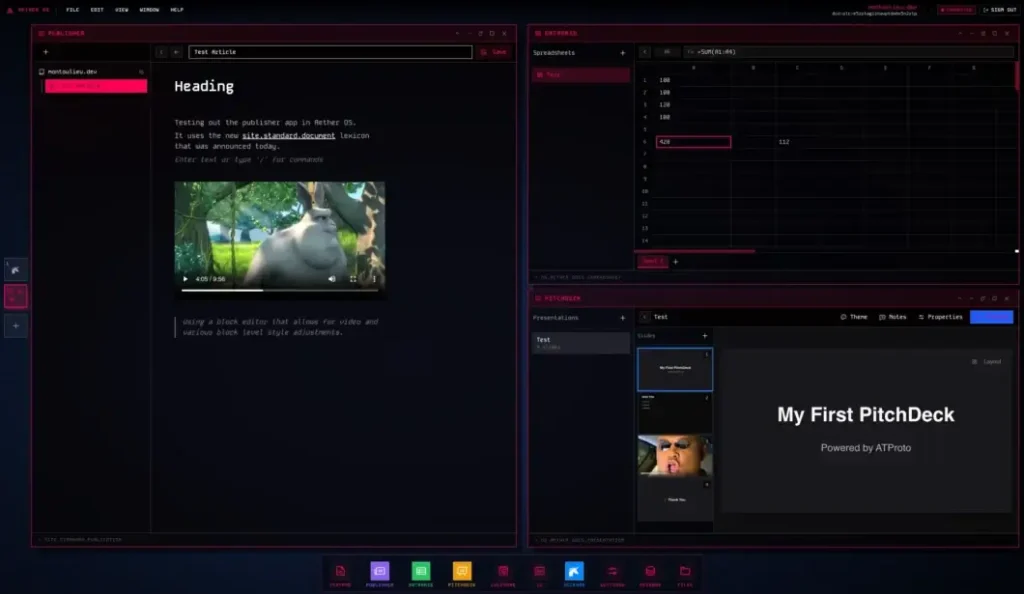 Aplicativos nativos do Aether OS em execução no navegador