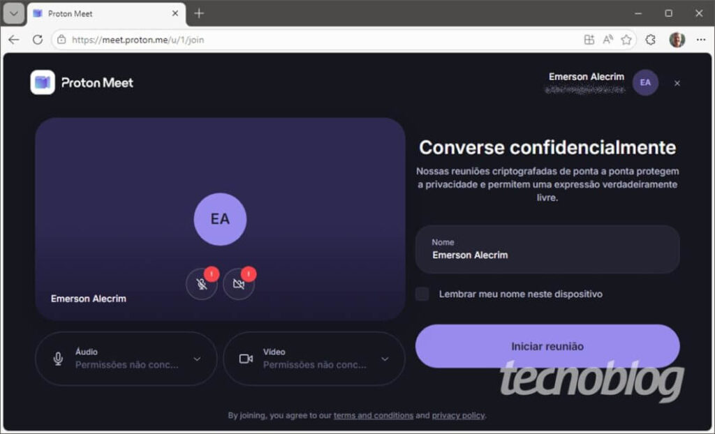 Versão web do Proton Meet exibida em navegador
