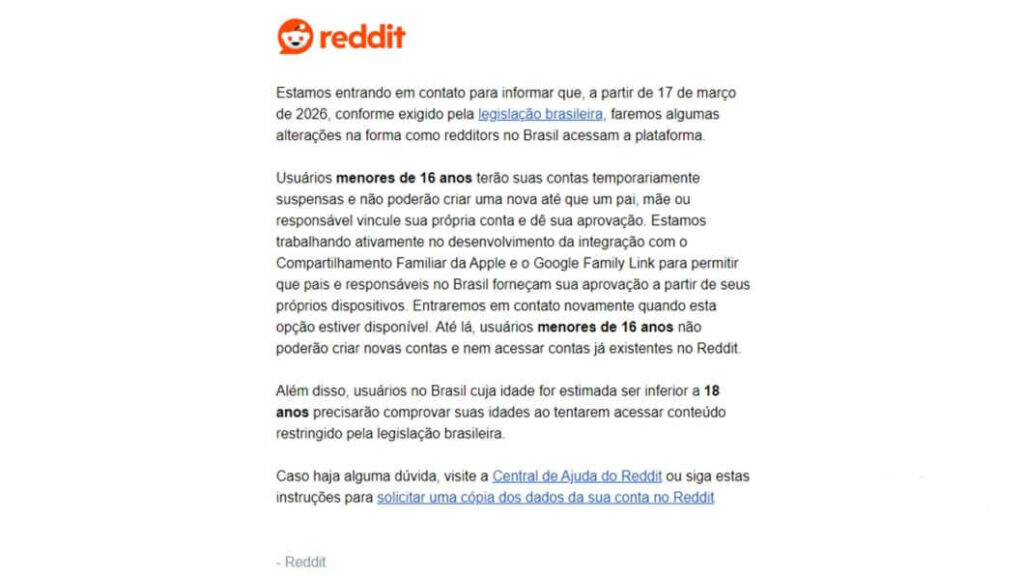 Aviso Reddit bloqueio contas menores Brasil ECA Digital email