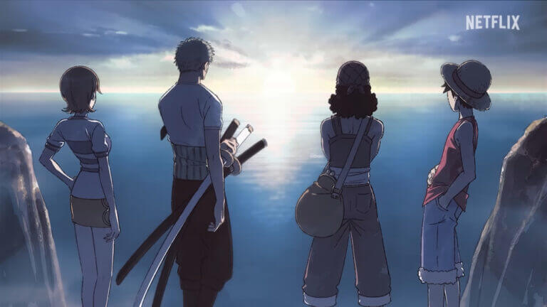 Cena do novo teaser do remake de One Piece produzido pelo WIT Studio e Netflix mostrando arte conceitual da saga East Blue