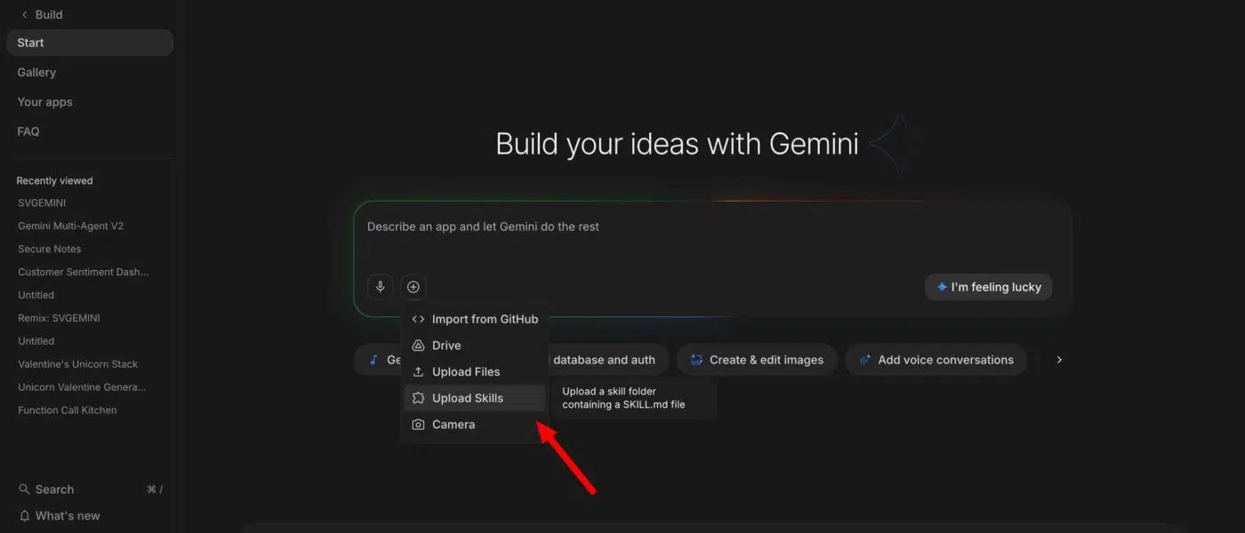 Interface do Google AI Studio apresentando seção Build com Skills e Agentes