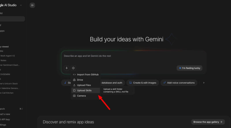 Interface do Google AI Studio apresentando seção Build com Skills e Agentes