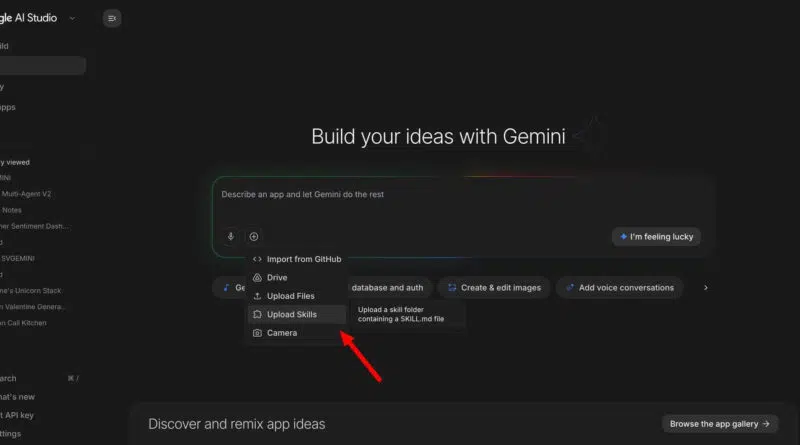 Interface do Google AI Studio apresentando seção Build com Skills e Agentes