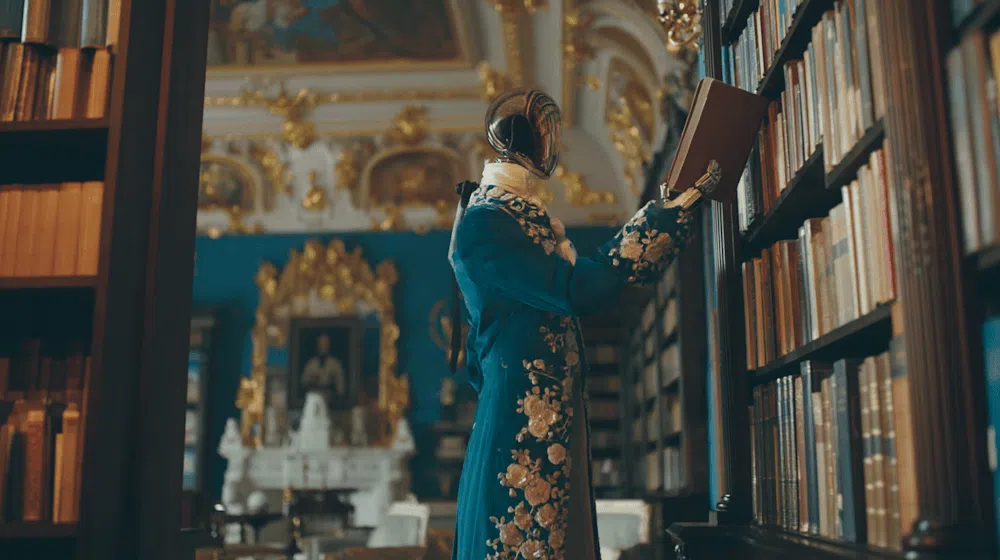 Robô vitoriano elegante segurando um livro em uma biblioteca doméstica, representando IA e memória artificial
