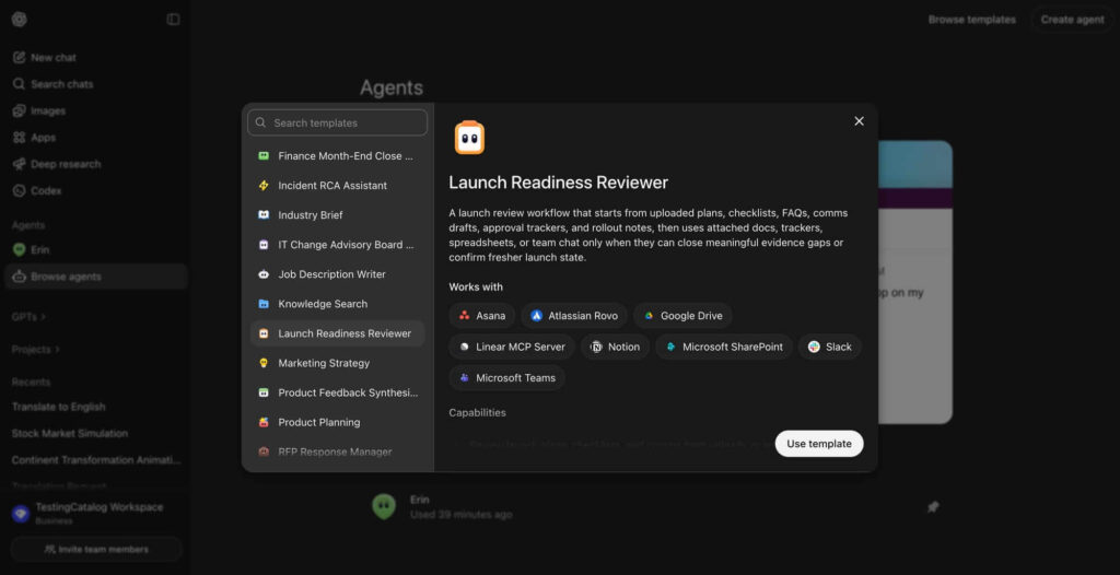 Interface do ChatGPT workspace agents conectando Google Drive e Slack