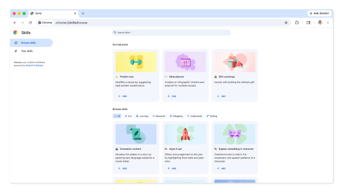 Biblioteca de Skills pré-programadas no Google Chrome.