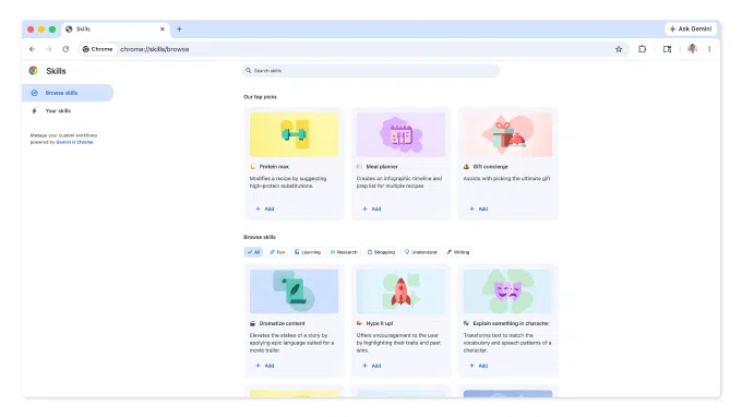 Biblioteca de Skills pré-programadas no Google Chrome.