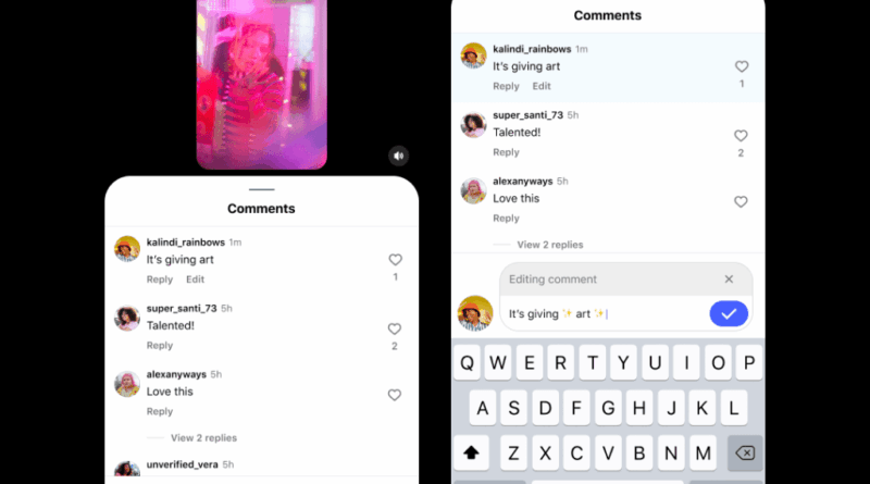 Tela de exemplo do Instagram mostrando opção de editar comentários