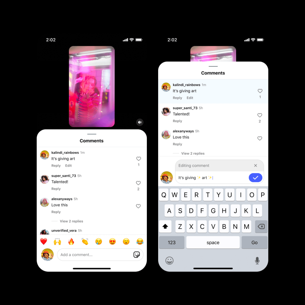 Tela de exemplo do Instagram mostrando opção de editar comentários