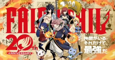 Arte promocional do mangá Fairy Tail 20º aniversário com Natsu, Lucy e Erza celebrando o retorno da série