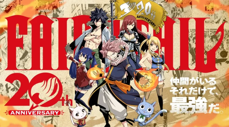 Fairy Tail retorna com nova serialização e trailer comemorativo de 20 anos 1 Arte promocional do mangá Fairy Tail 20º aniversário com Natsu, Lucy e Erza celebrando o retorno da série