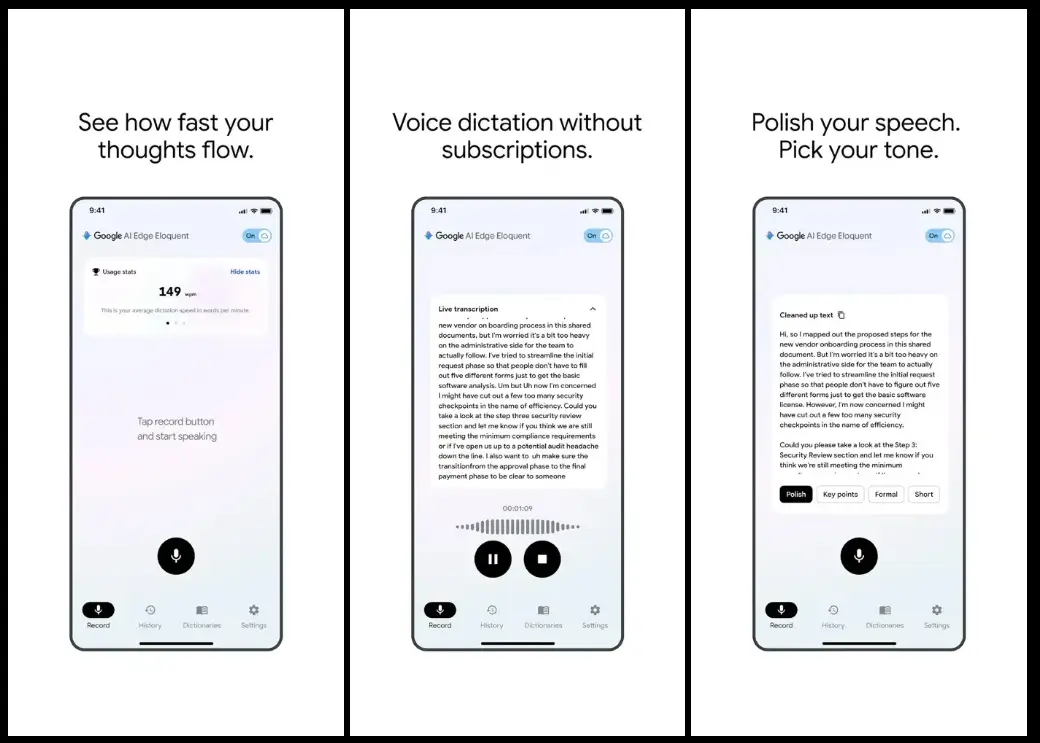 Imagem do Google AI Edge Eloquent exibindo transcrição ao vivo