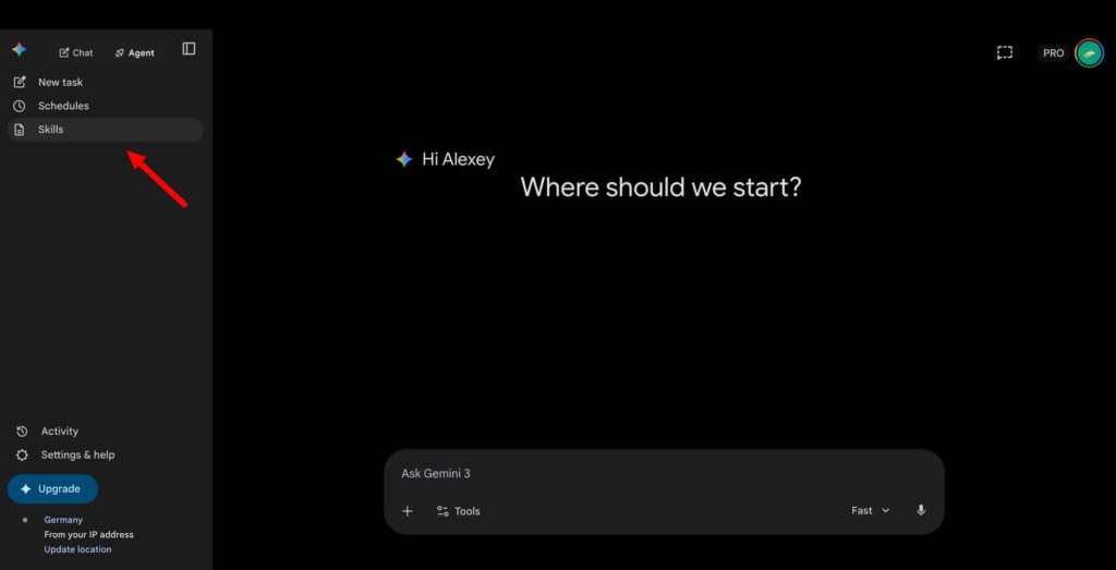 Google prepara expansão dos Skills no Gemini e AI Studio 3 Interface do Google Gemini mostrando aba de Agentes e Skills