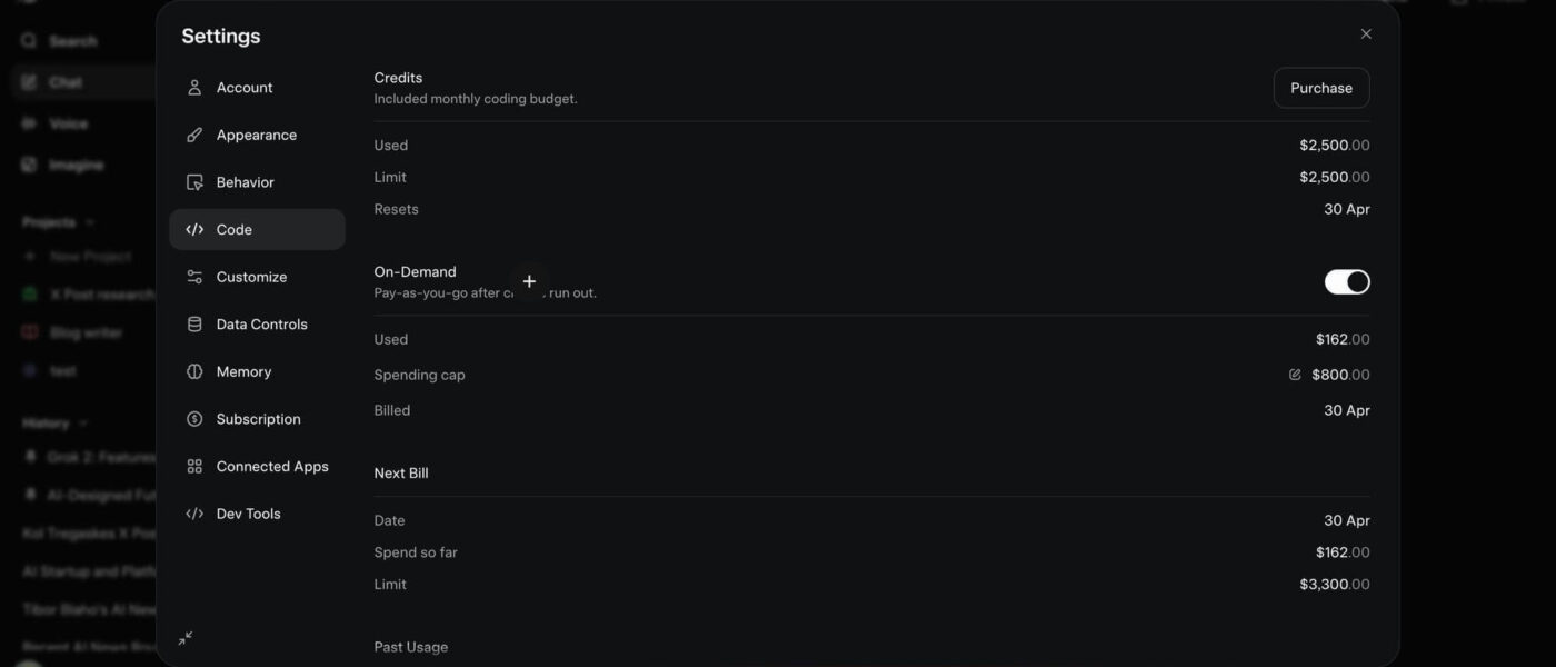 Interface do Grok Build - nova ferramenta de codificação da xAI com sistema de créditos