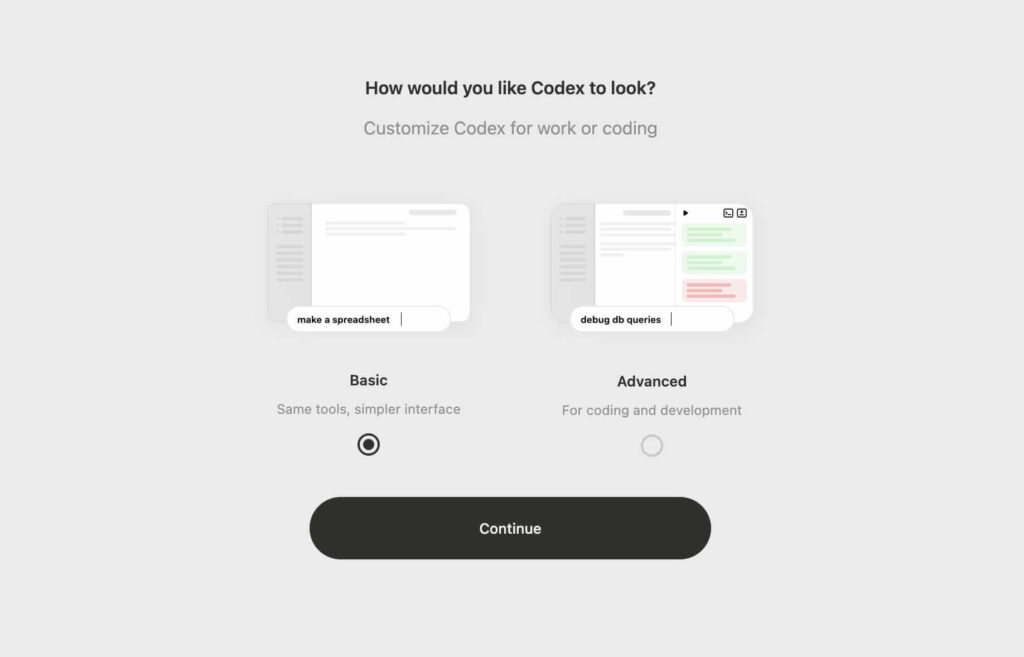 Menu do novo Codex com ferramentas de gerenciamento de projeto e visualização