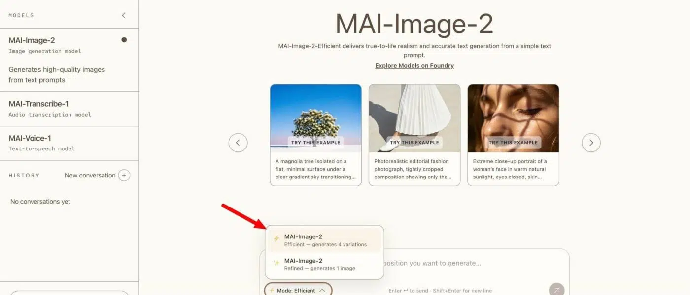 Interface do Microsoft MAI‑Image‑2‑Efficient no Playground, destacando geração de imagens em tempo real