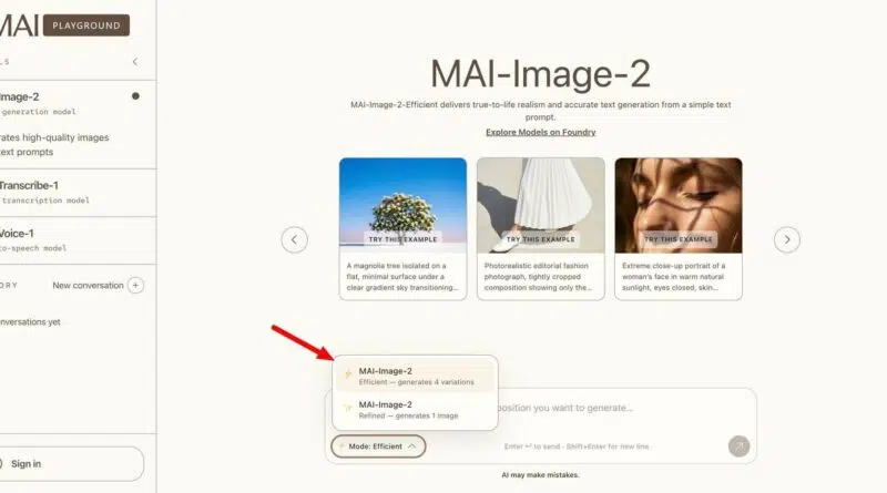 Interface do Microsoft MAI‑Image‑2‑Efficient no Playground, destacando geração de imagens em tempo real