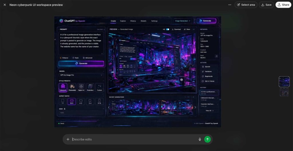 Imagem gerada pelo modelo OpenAI Image V2 com elementos de UI detalhados e texto nítido.