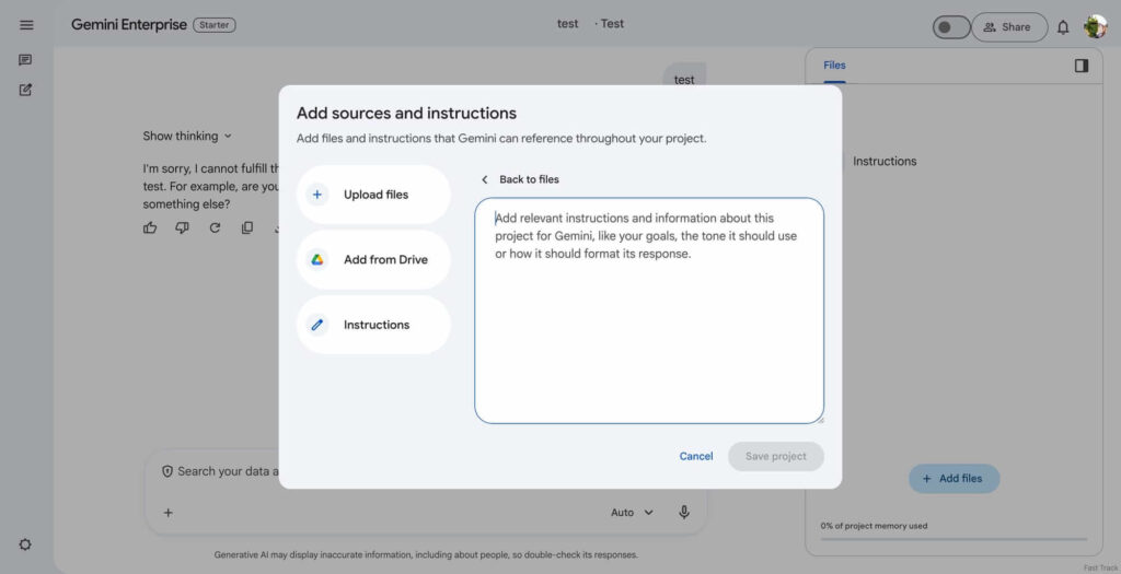 Google desenvolve Agent no Gemini para competir com Cowork 7 Screenshot do painel Projects no Gemini Enterprise