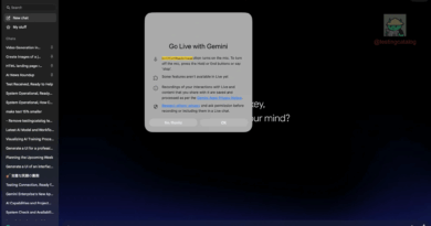 Gemini Live Mode: Interface do Gemini desktop para macOS com novo modo Live e opções de compartilhamento de tela.