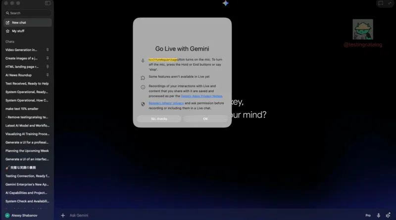Gemini Live Mode: Interface do Gemini desktop para macOS com novo modo Live e opções de compartilhamento de tela.