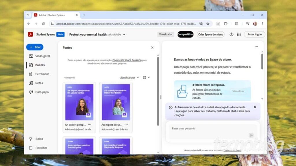 Adobe lança Acrobat Student Spaces para competir com o Google NotebookLM 3 Tela de criação de conteúdo no Acrobat Student Spaces