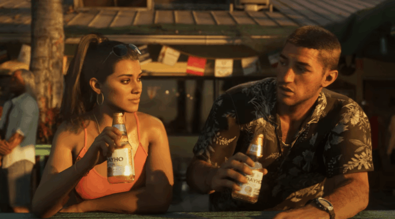 Imagem de personagens do GTA 6 segurando garrafas, representando os protagonistas Lucia e Jason