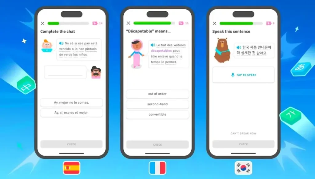 Tela de cursos avançados do Duolingo em espanhol, francês e coreano