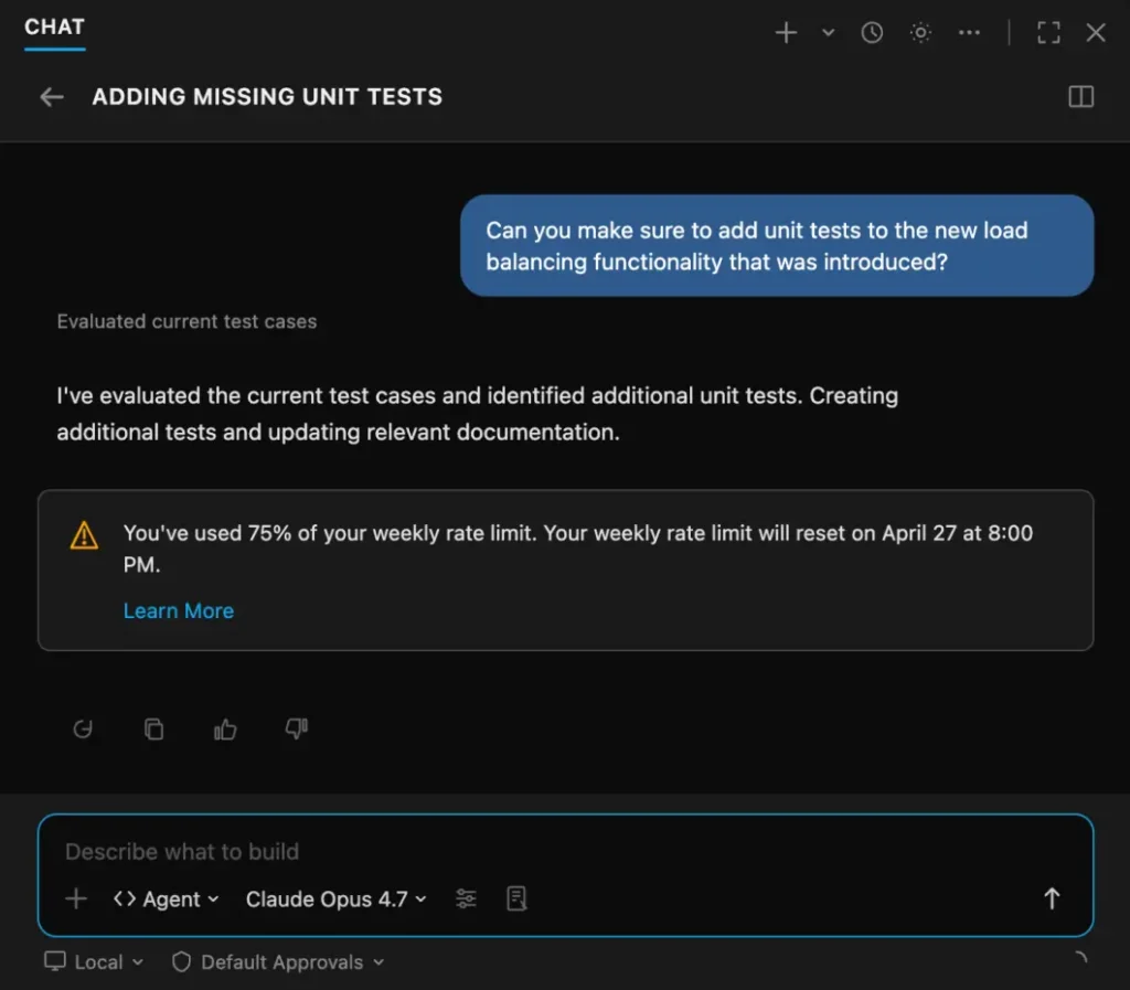 Captura de tela do aviso de limite semanal no GitHub Copilot
