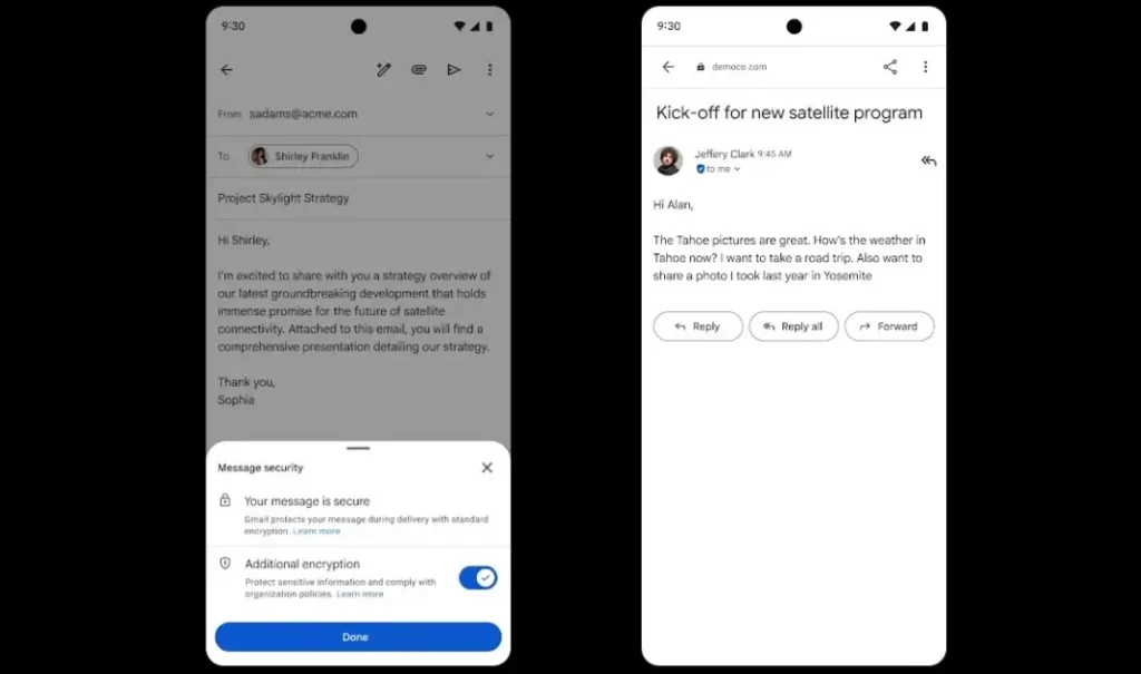 Interface do Gmail corporativo mostrando configuração de mensagem com criptografia ativa.