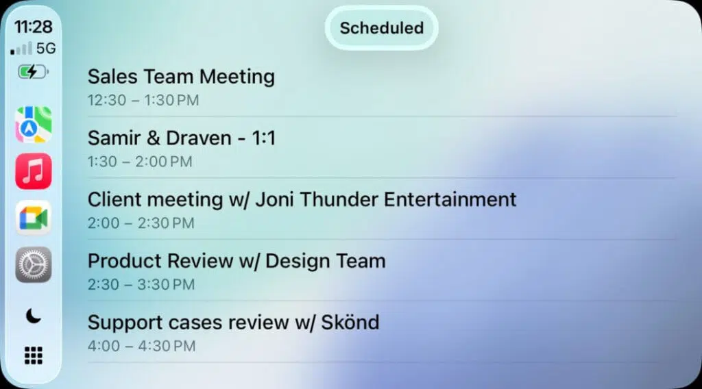 Agenda de reuniões do Google Meet exibida no CarPlay