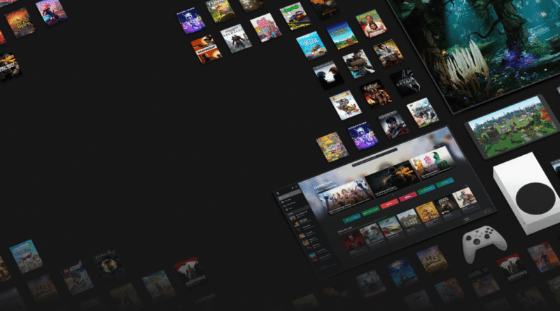 Capas de jogos do Xbox Game Pass e consoles em fundo escuro