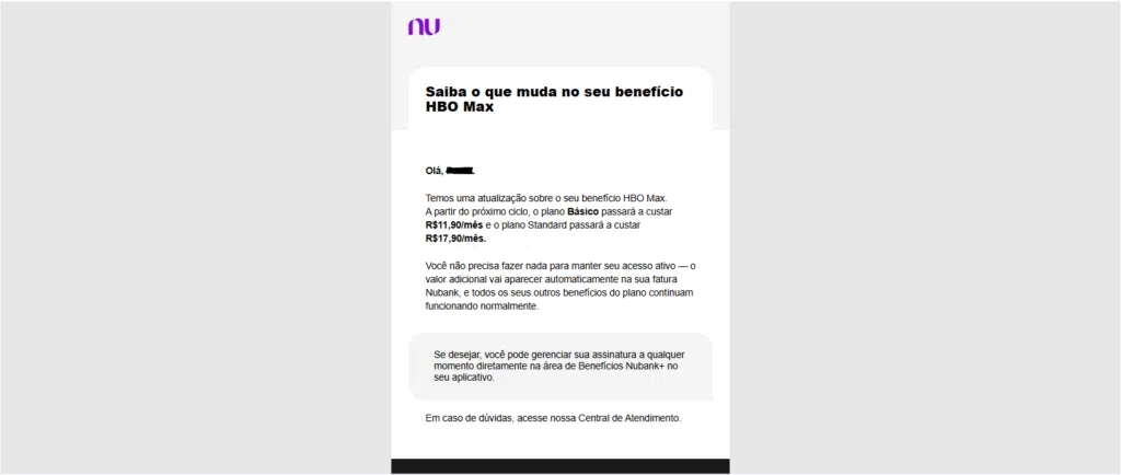 Comunicado do Nubank informando fim do acesso gratuito à HBO Max em 2026.