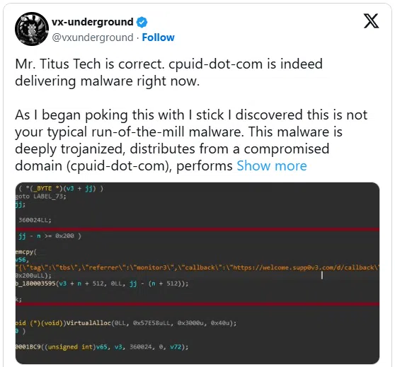 Tweet de vxunderground sobre o ataque à CPUID